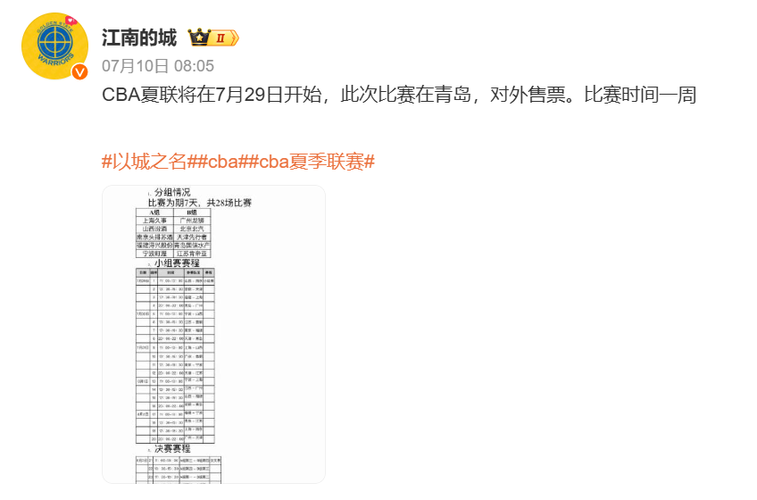 媒体人：今年CBA夏季联赛青岛站共有10支球队参加 比赛将于7月29日开赛 总奖金198万元 